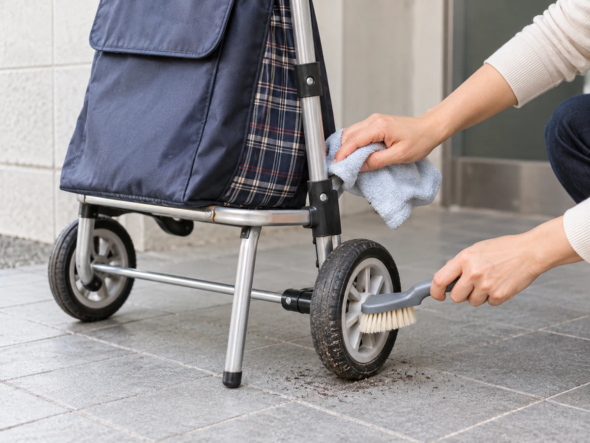 清潔及晾乾買餸車、購物車袋及車輪: 先處理街道砂粒