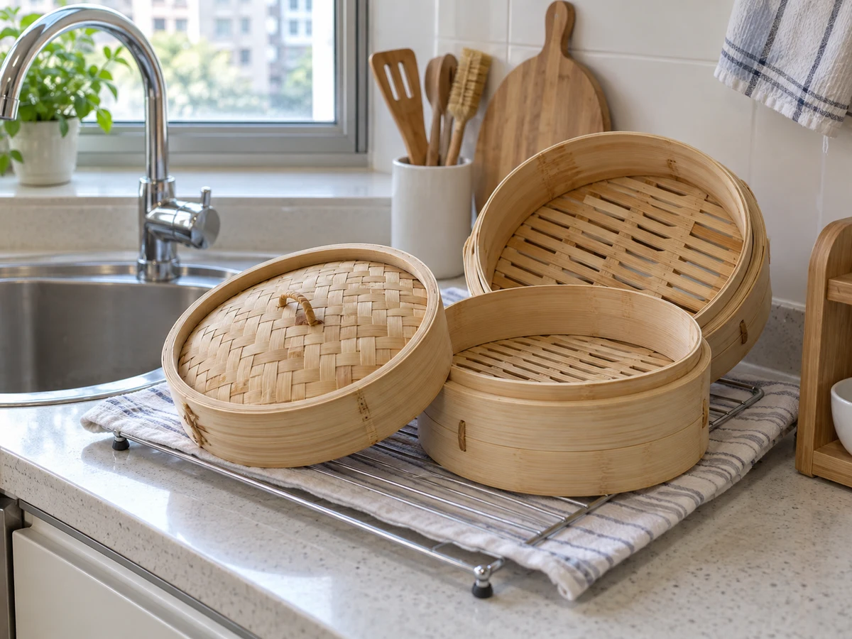 How to Clean and Dry Bamboo Steamers — Items safely arranged after cleaning with no visible soil left on the surfaces