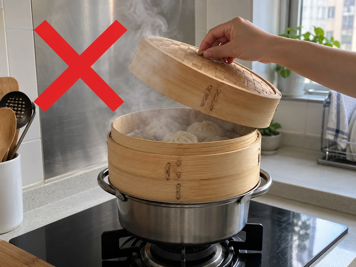 趁熱拆籠 — 待蒸籠及蒸氣冷卻，取走食物和墊紙；分開籠蓋與每層。