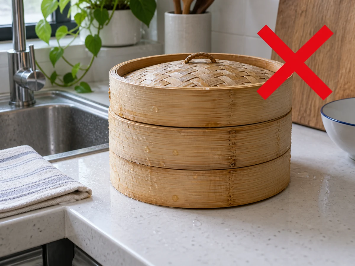 未乾就蓋好疊放 — 抹去多餘水分，籠蓋及每層分開通風晾乾；接縫完全乾燥且無霉味才疊放。