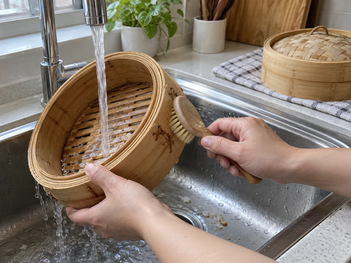 如何清洗及晾乾竹蒸籠？: 快速手洗竹縫