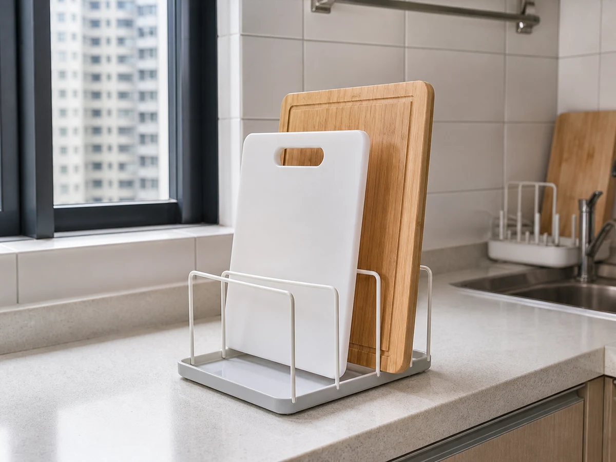 Washed chopping board standing securely in a ventilated rack to dry fully