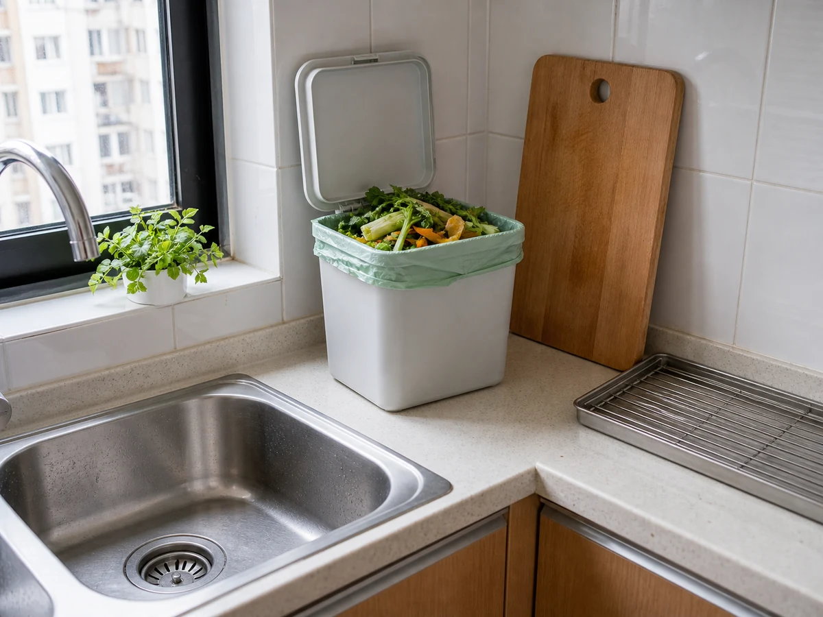 How to Clean and Dry a Chopping Board: Scrape solids into the bin