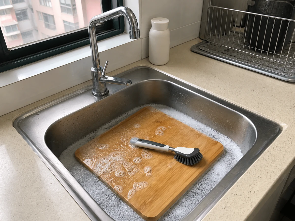 How to Clean and Dry a Chopping Board: Wash every surface