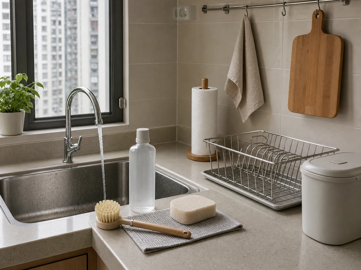 Dish soap, soft brush, running water, clean paper towels, and drying rack