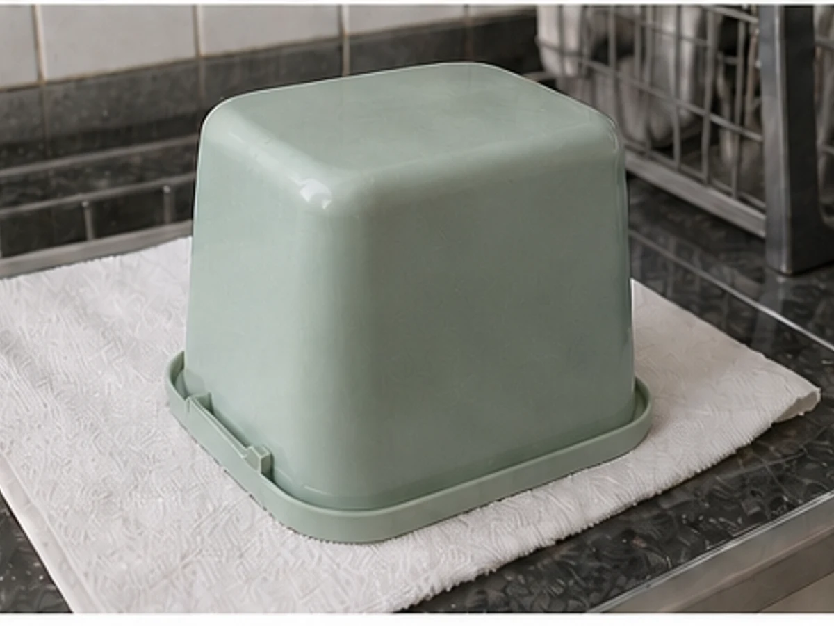 Assuming an upside-down bin on a towel is dry — Ventilate and inspect the base and inner corners.