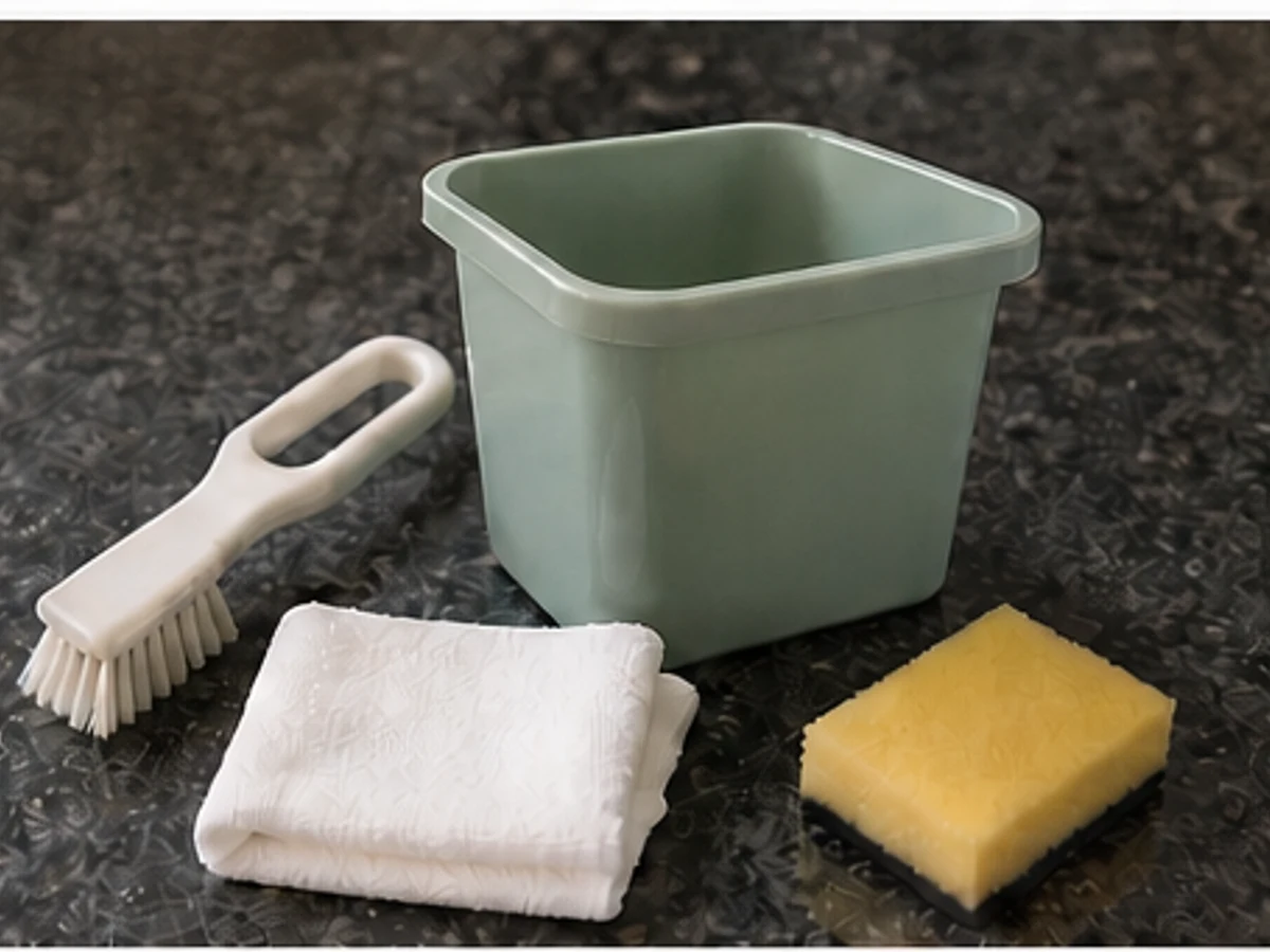How to Clean and Dry a Household Recycling Bin — compatible tools arranged separately