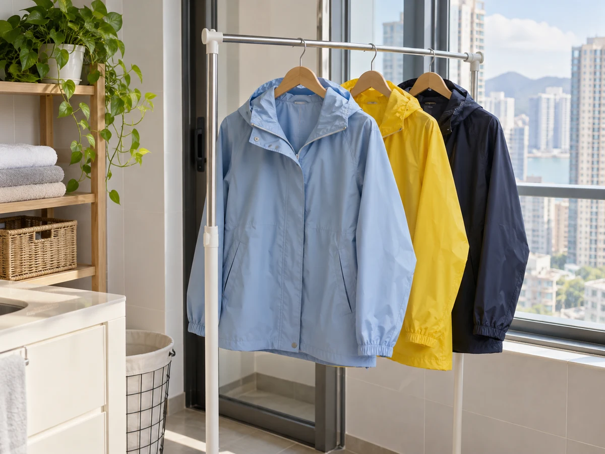 How to Clean and Dry Raincoats — Items safely arranged after cleaning with no visible soil left on the surfaces