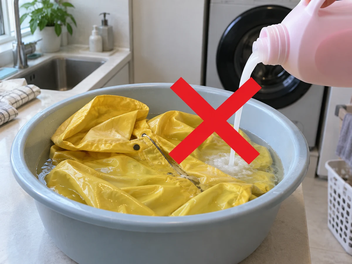 Menambah pelembut sembarangan — Cuci jas hujan dengan tangan atau mesin, atau lap hanya sesuai label dengan produk cocok dan hilangkan residu; jangan tambah pelembut, pemutih, atau pelarut sendiri.