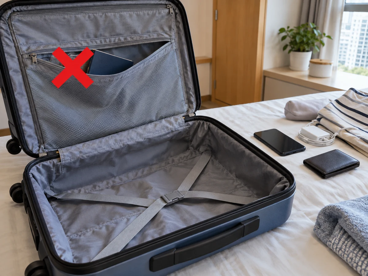 漏掉夾層物品 — 在易清潔位置打開行李箱，清空每格；旅行文件、電子物品及不明物件交物主保管。