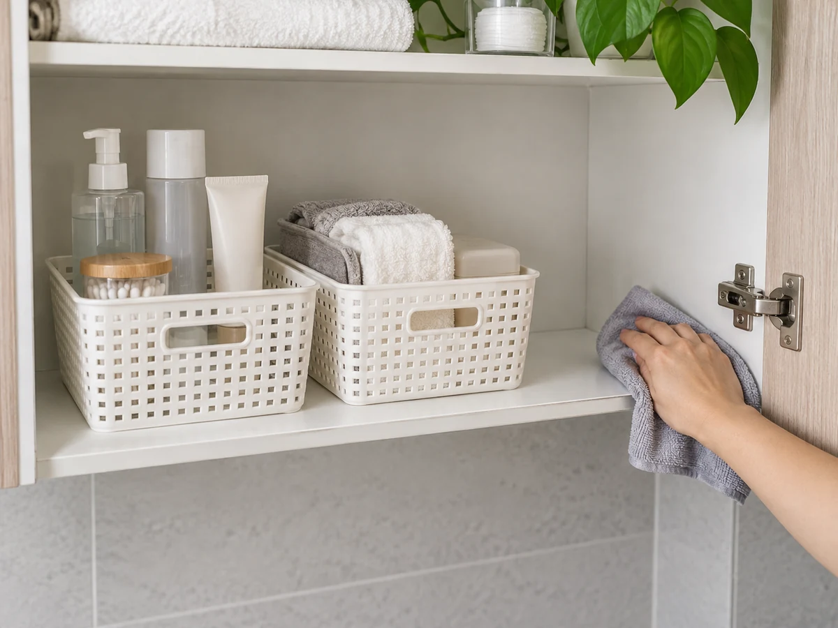 One bathroom-cabinet shelf cleared into labelled baskets while its corners are dried with a cloth