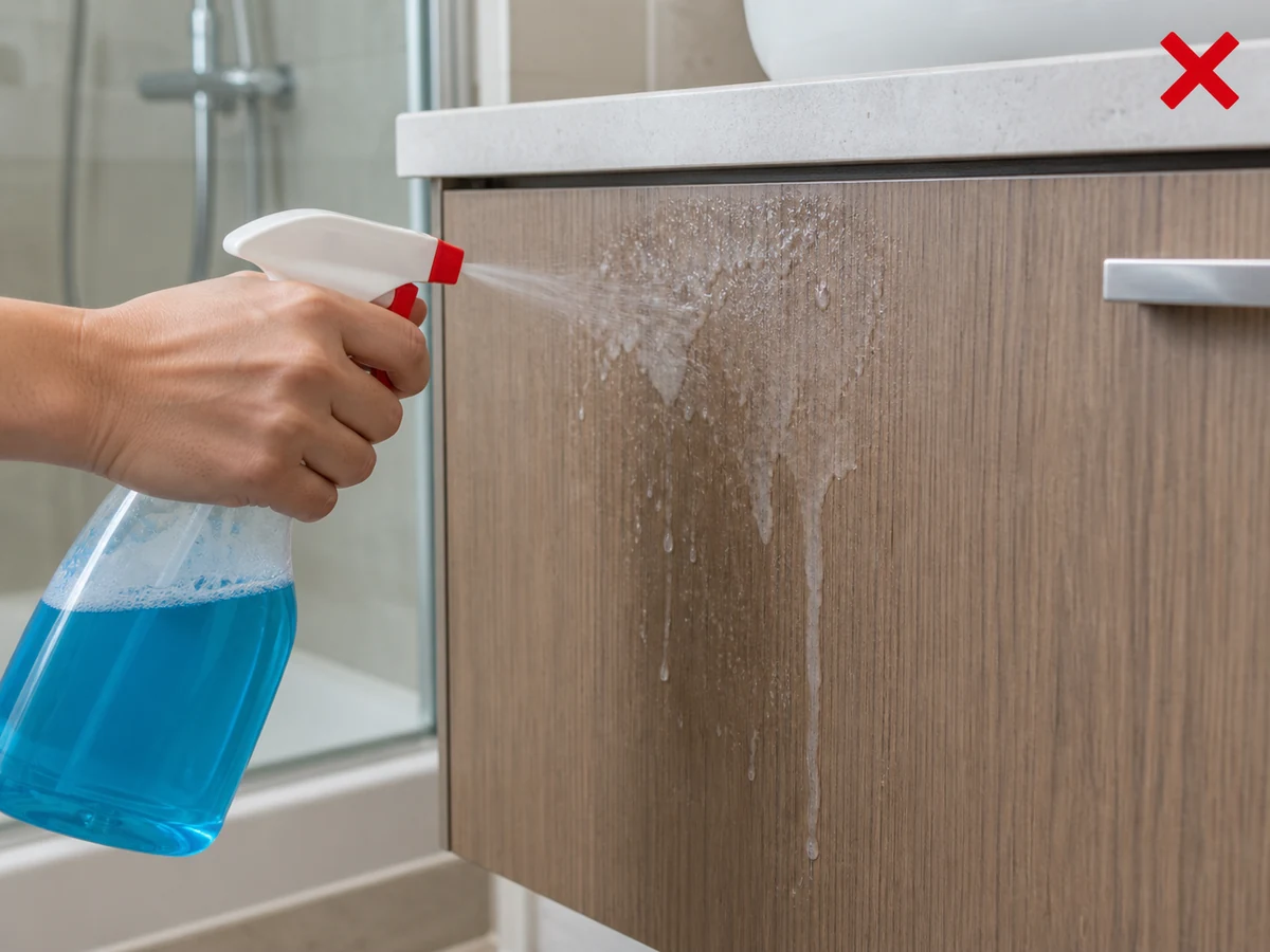 Using an unsuitable product on veneer — Confirm cabinet material and product limits first.