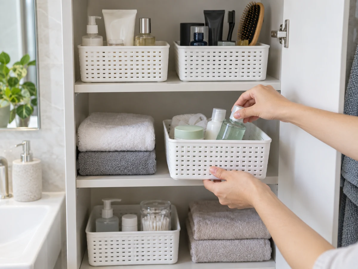 Clean and Organise a Bathroom Cabinet: Set aside one shelf at a time