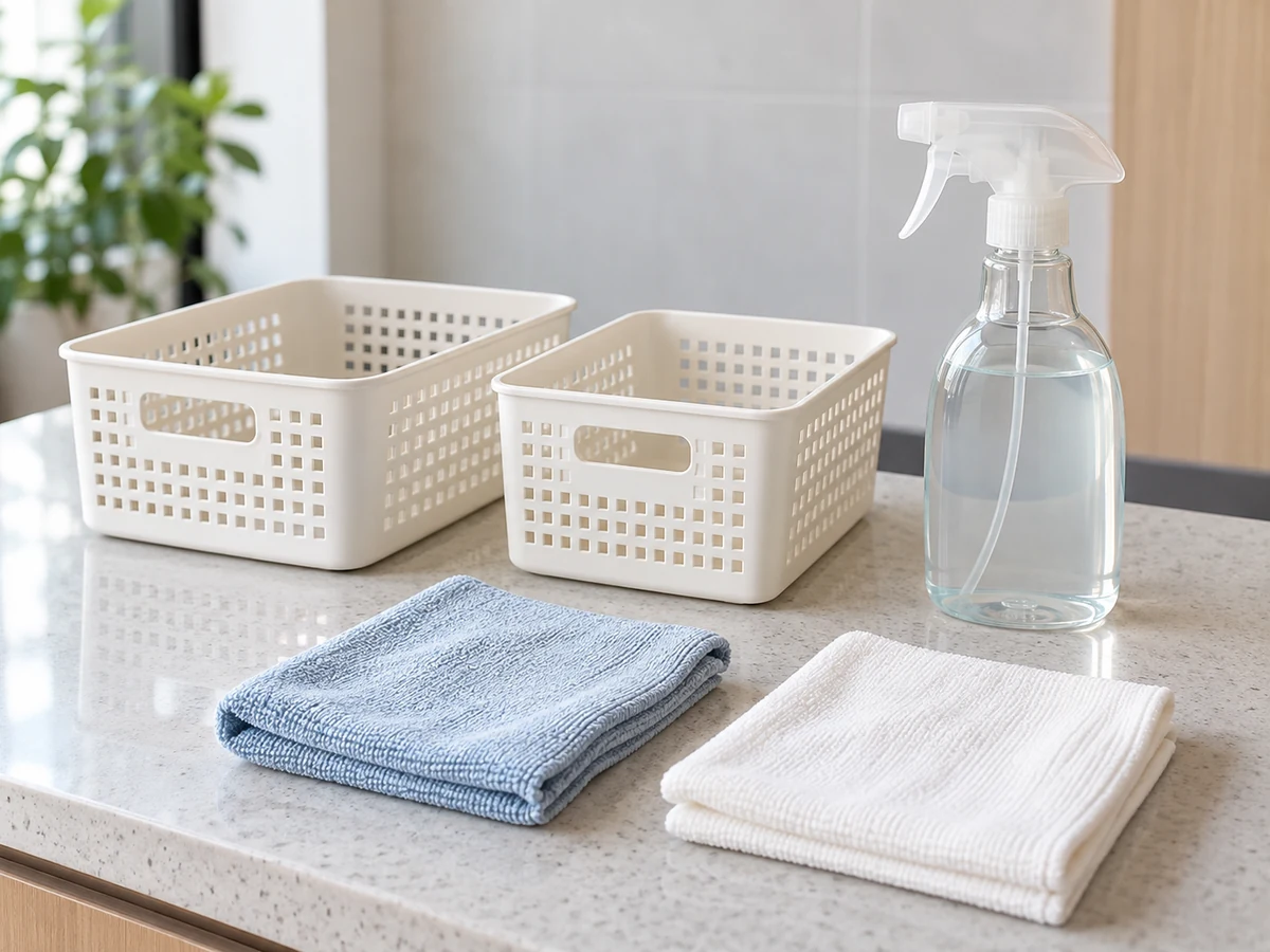 Small baskets, soft cloth, dry cloth, surface-approved cleaner and item labels