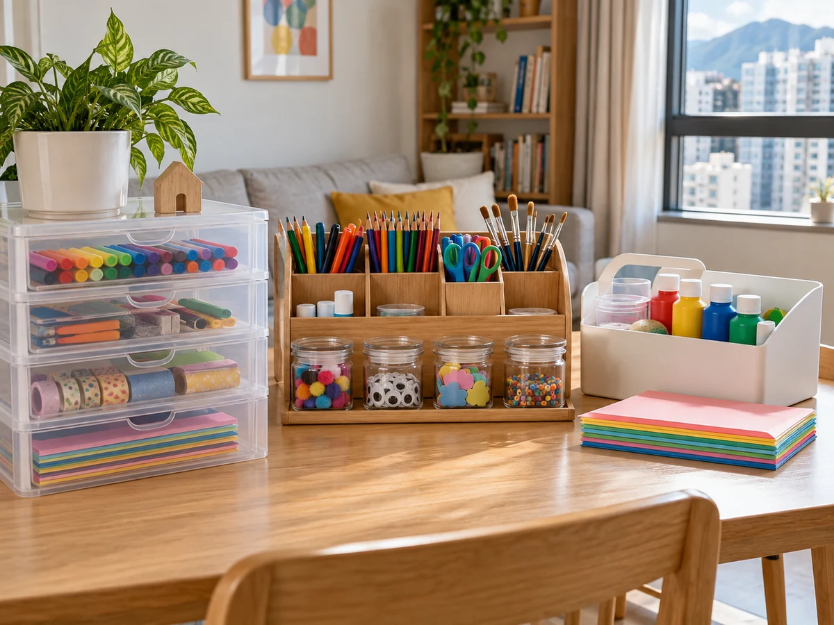 How to Clean and Organise Children's Art Supplies — Items safely arranged after cleaning with no visible soil left on the surfaces