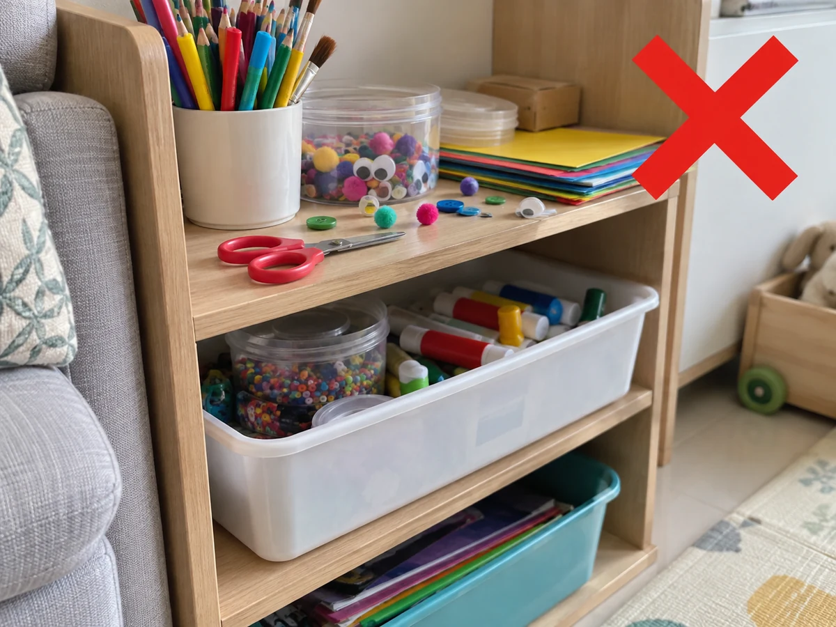 讓幼兒自行取剪刀和細件 — 物品完全乾燥後分類收好，剪刀、細件和需成人監督材料放到孩子不能自行取得處；發霉材料另交家長。
