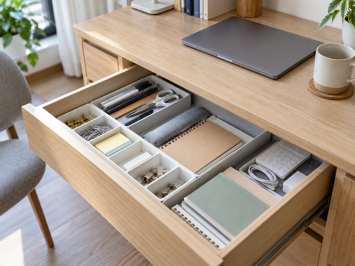 How to Clean and Organise Desk Drawers — Items safely arranged after cleaning with no visible soil left on the surfaces