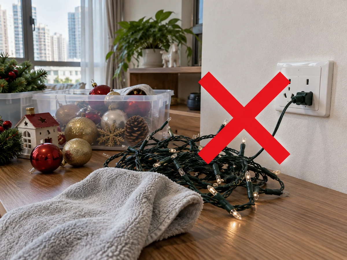 Cleaning lights while powered — Confirm decorations to keep, disconnect lights and let them cool, then separate glass, paper, fabric and electrical items.