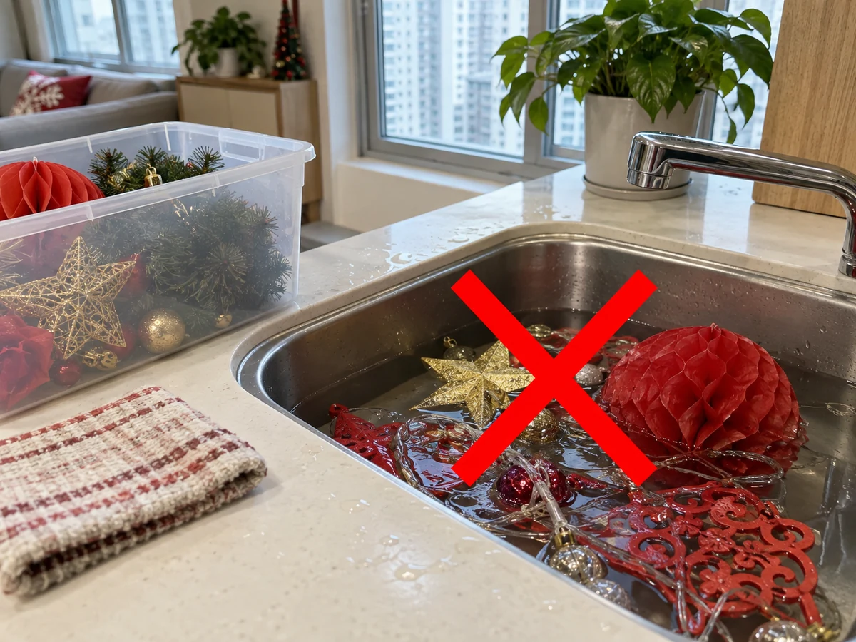 Washing paper or electrical decorations — Dust gently with a dry soft brush while supporting fragile pieces; spot-wipe with a well-wrung cloth only if allowed.
