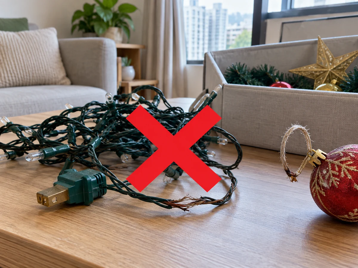 Ignoring damaged wires and hanging loops — Inspect cords, plugs, battery compartments and hanging loops; remove only user-removable batteries as directed, without repairing wires or joining light strings.