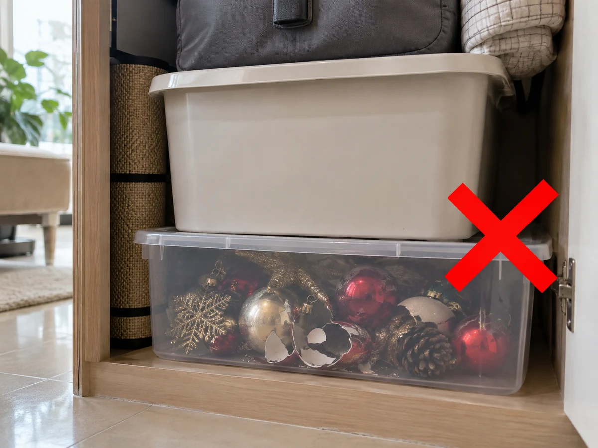 Crushing fragile ornaments under heavy items — Dry fully, wrap pieces separately and coil lights loosely, placing heavy items low; label contents and store dry beyond children's independent reach.