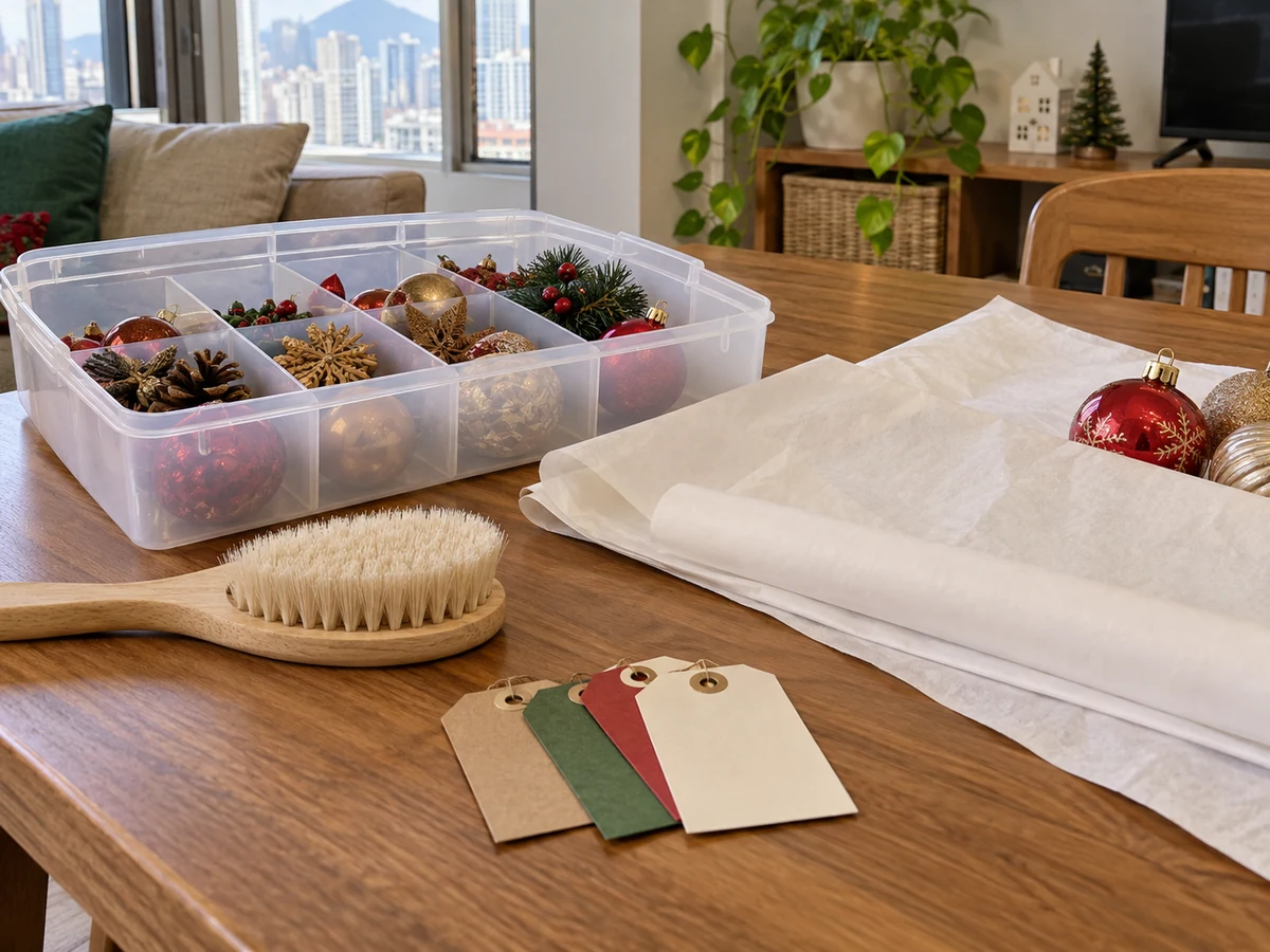 How to Clean and Store Seasonal Decorations — Soft dry brush, Divided storage box, Soft wrapping paper, Sorting labels