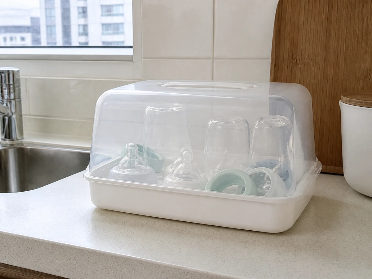 Clean sterilised baby bottles and parts stored in a covered container