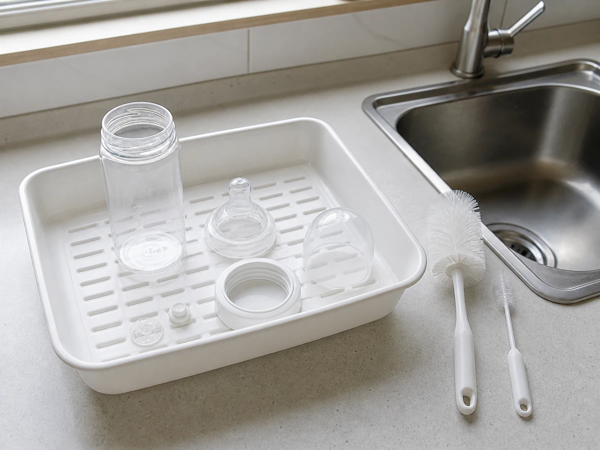 Rinsing only the outside of an assembled bottle — Fully separate bottle, teat, ring and cap and brush every inner and outer surface.