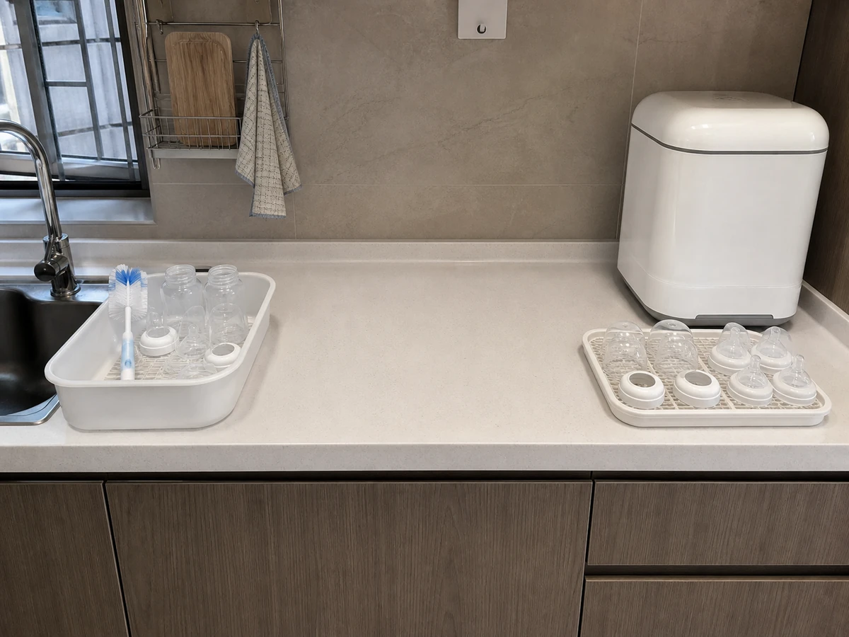 Treating sterilising as a substitute for washing — Wash and rinse thoroughly first, then complete a separate sterilising step.