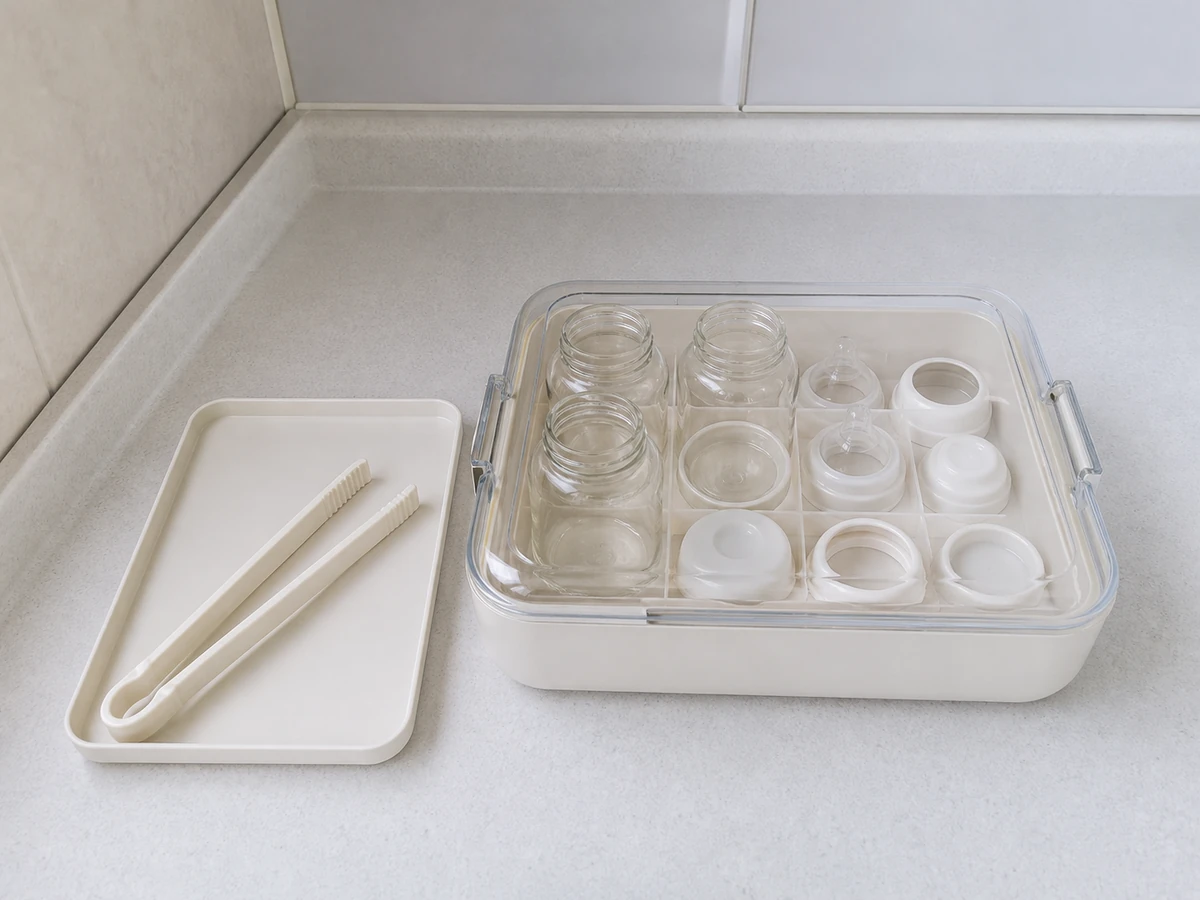Touching the teat or bottle interior after sterilising — Use tongs sterilised by the selected verified method and a clean covered container to prevent recontamination.