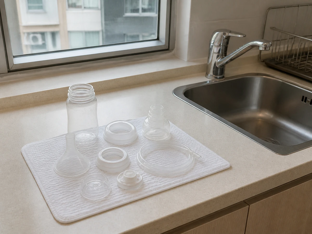 How to Clean Baby Bottles and Sterilise the Parts Separately: Wash hands and clean the surface