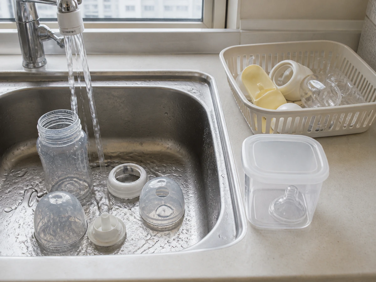 How to Clean Baby Bottles and Sterilise the Parts Separately: Rinse and inspect for damage