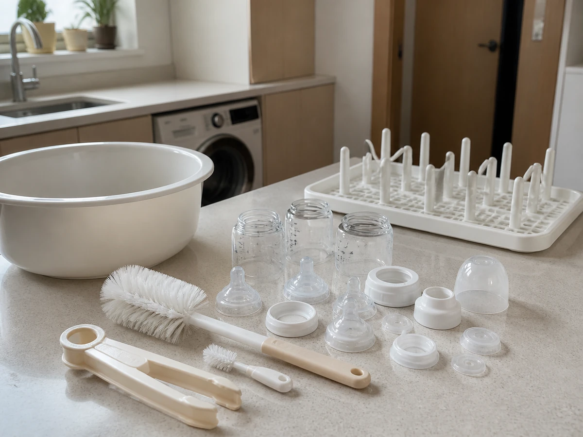 Dedicated brushes tongs basin and rack for baby bottle parts