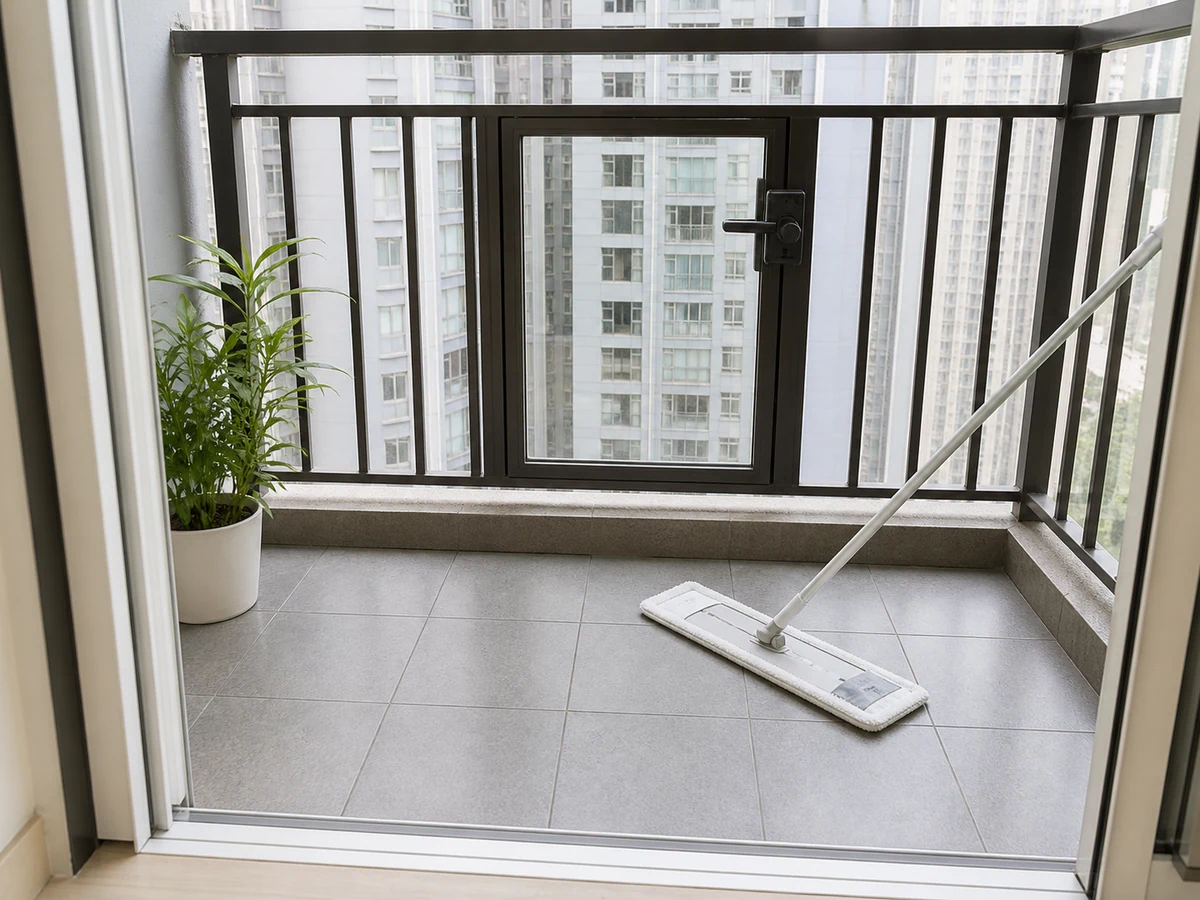 Cara Membersihkan Lantai Balkon atau Platform Utilitas dengan Aman: Pel hanya lantai interior yang aman dijangkau