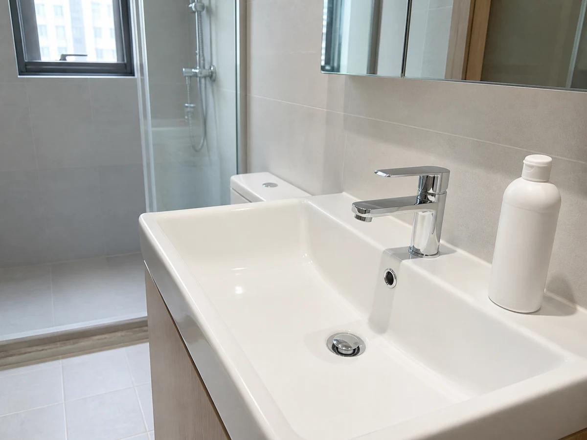 Wastafel dan keran kamar mandi bersih, kering, tanpa bercak air