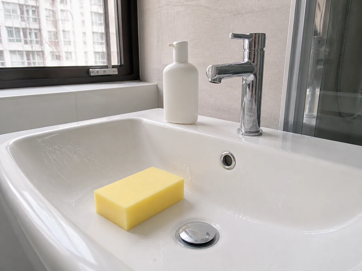 How to Clean a Basin and Faucet Limescale: Clean the basin with a soft sponge
