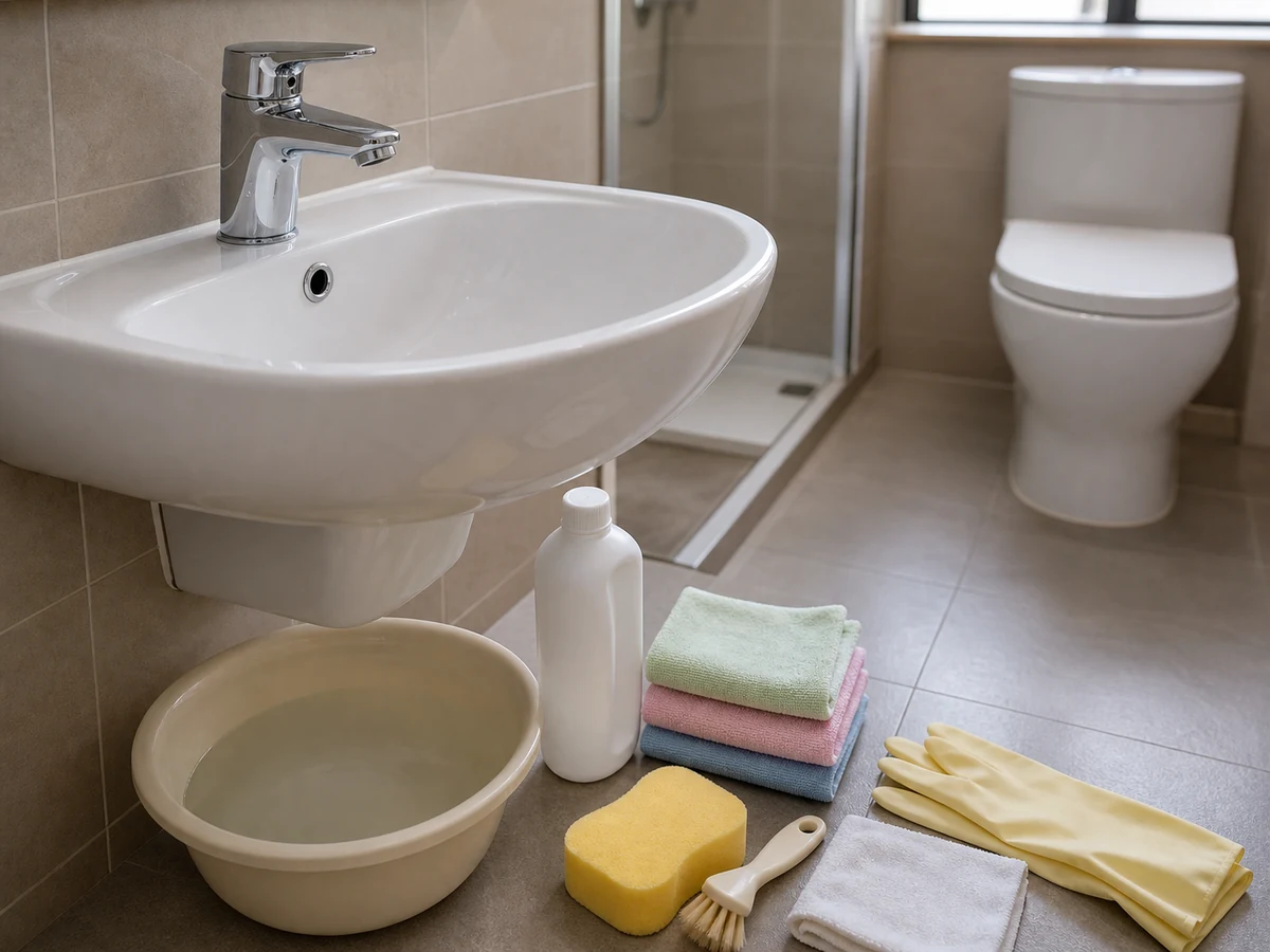 Soft cotton cloths, non-abrasive sponge, mild compatible cleaner, clean water, and dry cloth