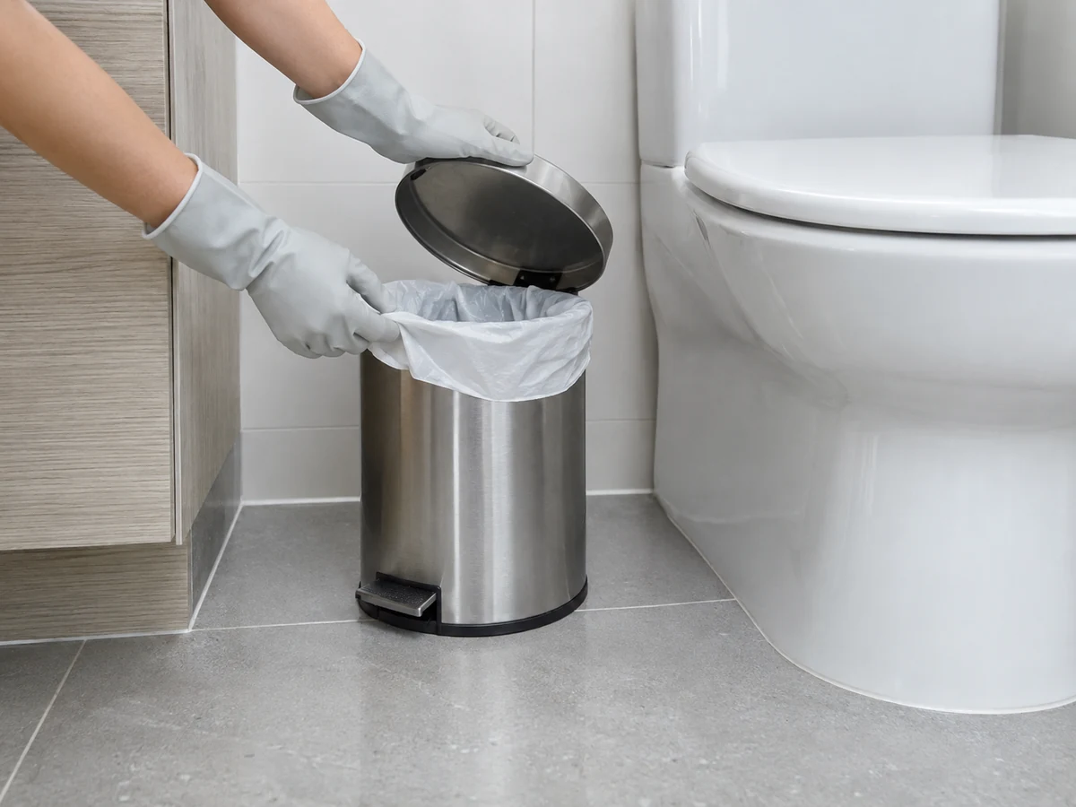 Clean a Bathroom Bin and Sanitary-waste Area — Handle the bag, lid, pedal and nearby floor safely; do not sort or compact personal sanitary waste.
