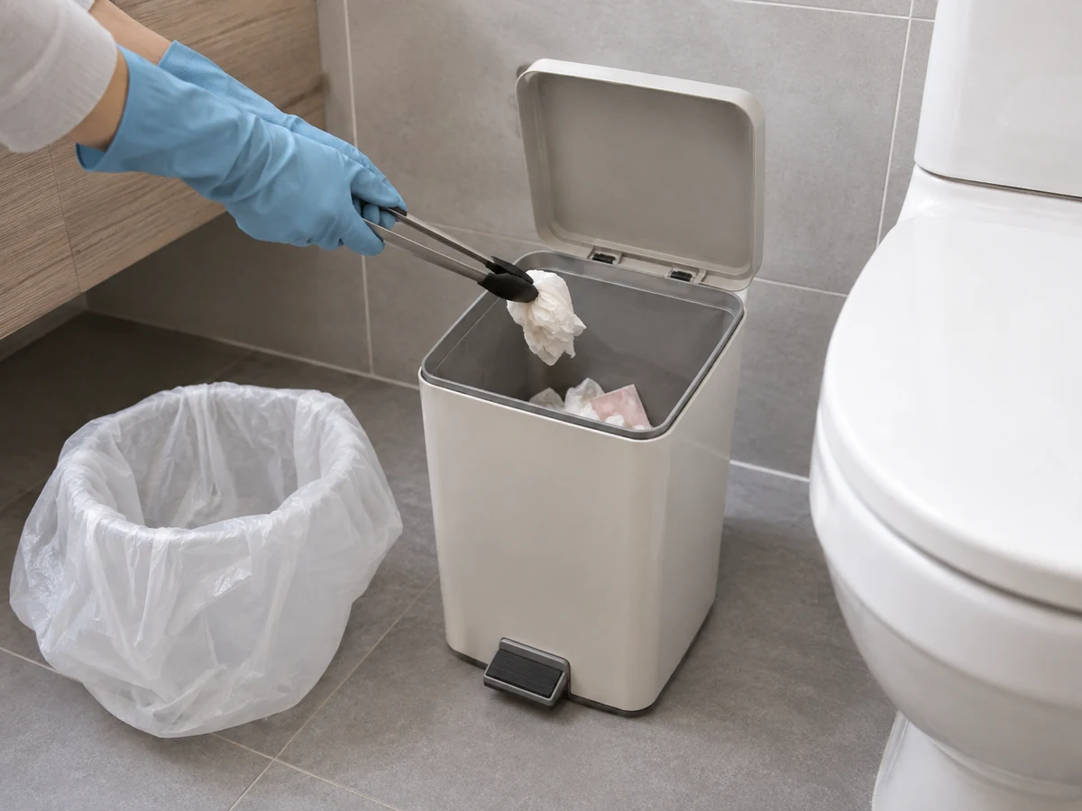 Cara Membersihkan Tempat Sampah Kamar Mandi dan Area Limbah Sanitasi: Setelah liner dilepas, angkat kotoran lepas dari tempat sampah