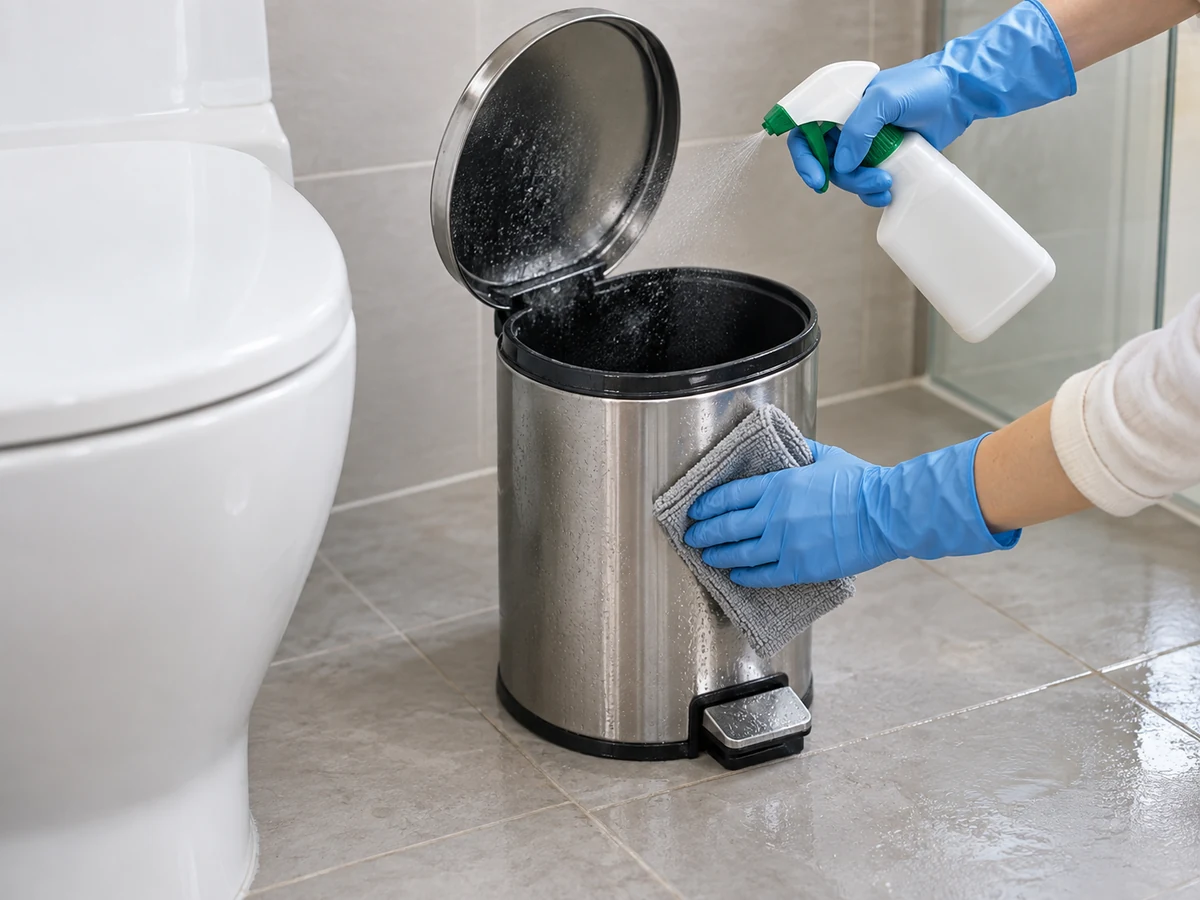 Cara Membersihkan Tempat Sampah Kamar Mandi dan Area Limbah Sanitasi: Gunakan satu produk berlabel yang sesuai pada tutup, bagian dalam-luar, pedal, dan lantai sekitar