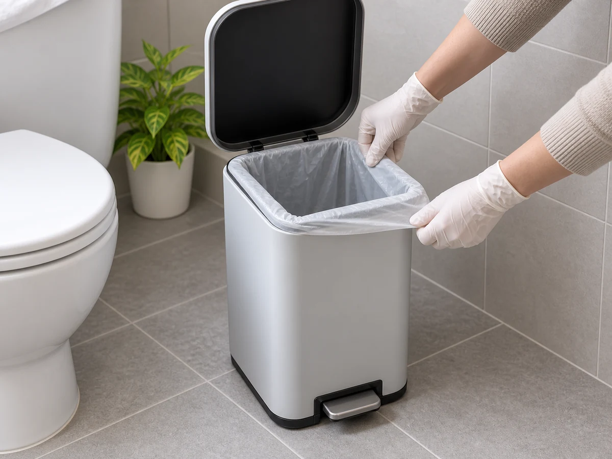 Cara Membersihkan Tempat Sampah Kamar Mandi dan Area Limbah Sanitasi: Hilangkan sisa sesuai petunjuk, keringkan penuh, pasang liner baru, lalu cuci tangan