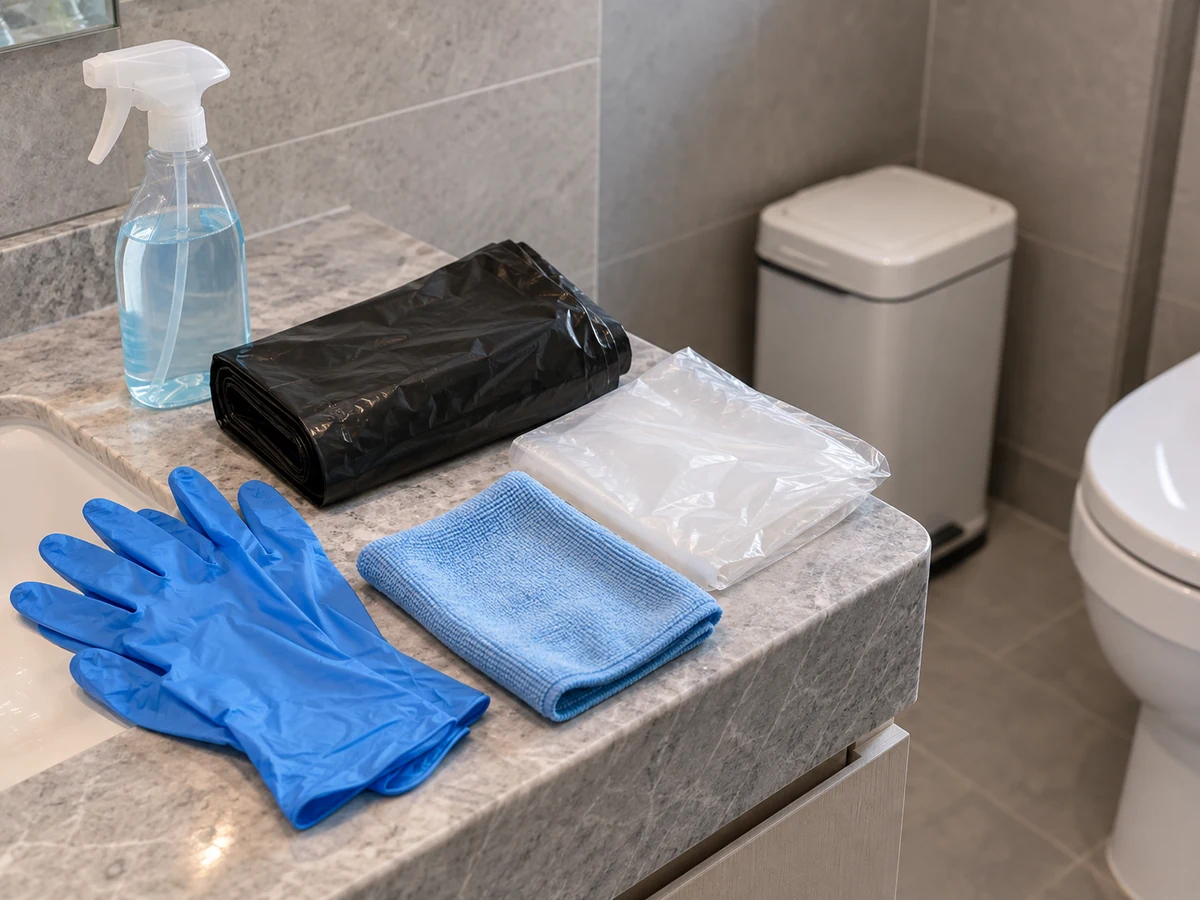 Cara Membersihkan Tempat Sampah Kamar Mandi dan Area Limbah Sanitasi — Sarung tangan nitril, Kantong sampah, Kantong anti bocor kedua, Kain halus dan pembersih sesuai