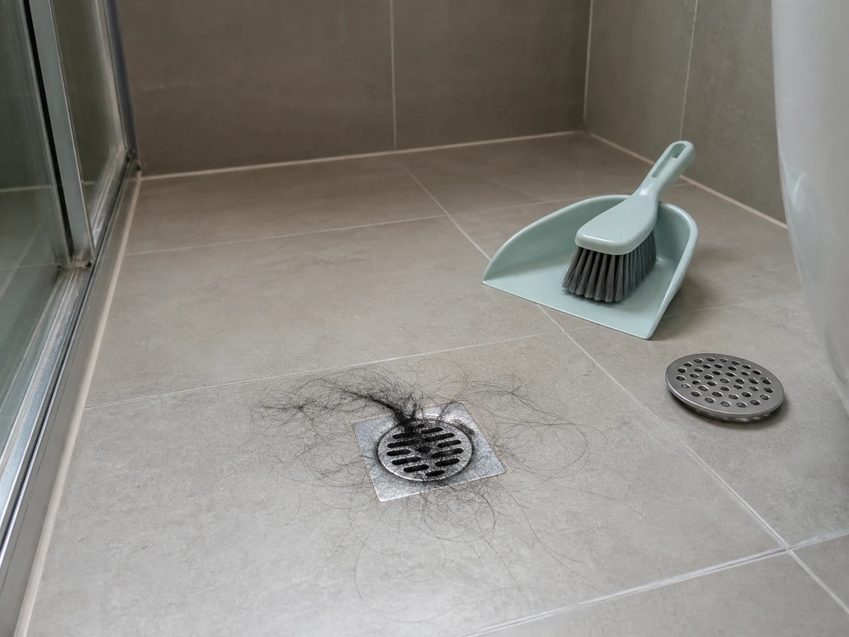 Mendorong rambut ke floor drain — Ambil dengan penjepit dan buang.