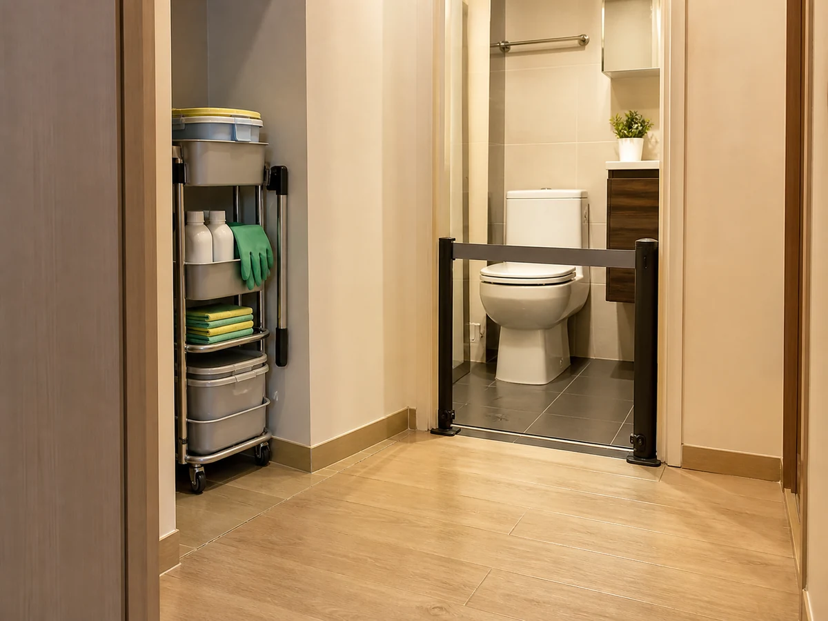 Neatly arranged household tools for how to clean a bathroom floor and reduce slip risk