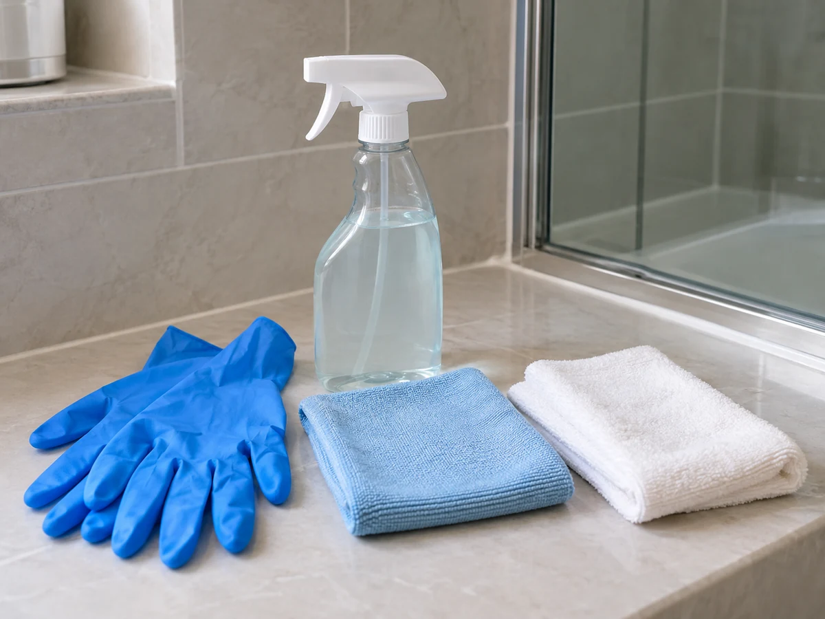 Clean Bathroom Silicone Seals and Know When Repair Is Needed — Nitrile gloves, Soft cloth, Compatible bathroom cleaner, Absorbent dry cloth