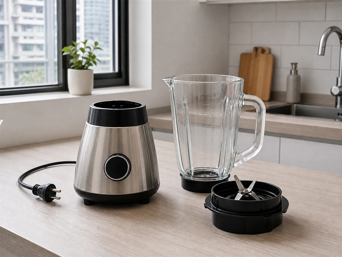 Unplugged dry blender base with container and safely stationary blade parts separated beside it