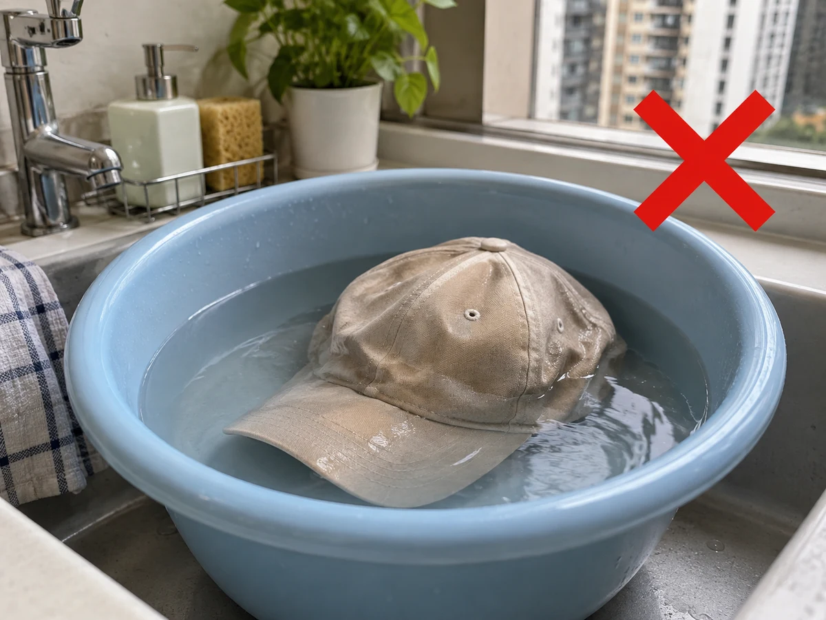 Immersing an unidentified brim — Check the label and brim material; do not immerse cardboard brims, wool, leather or unidentified materials independently.