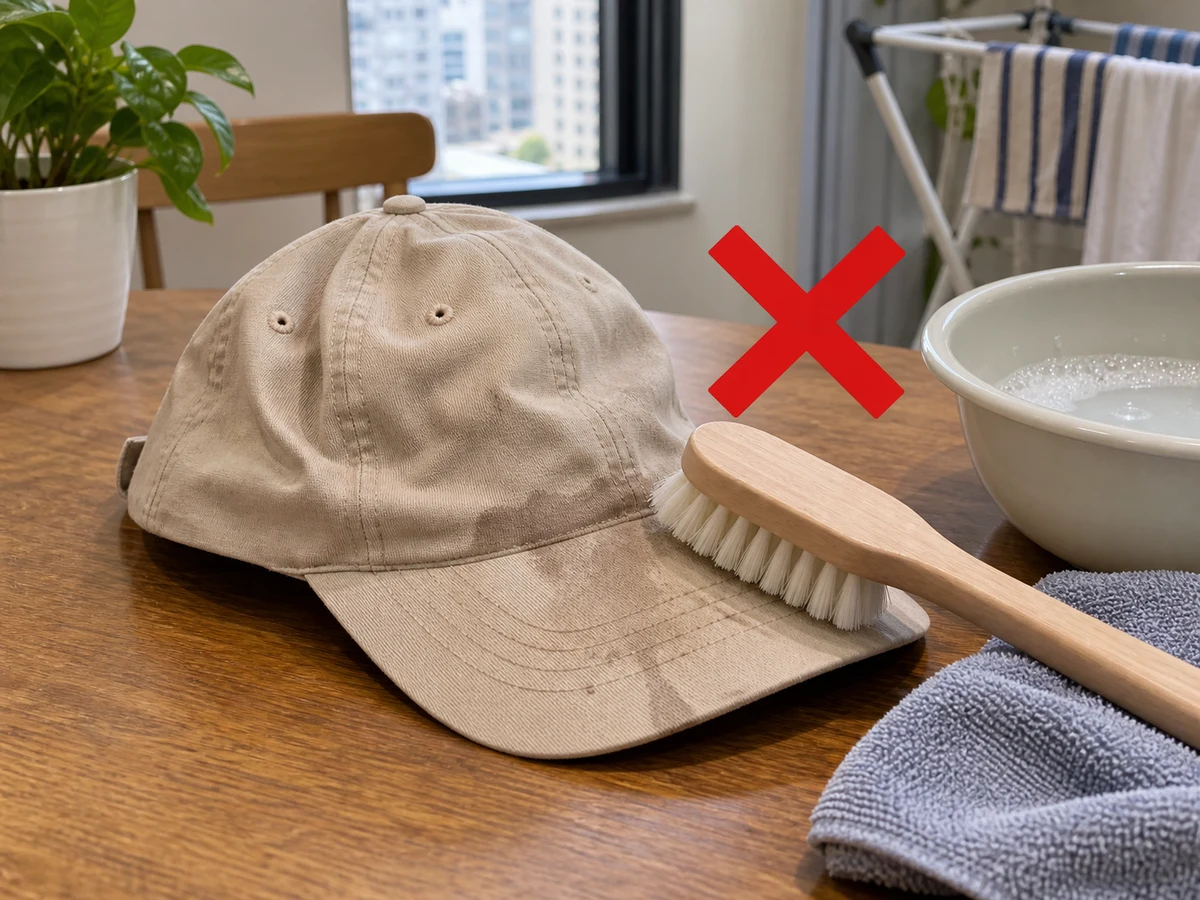 Scrubbing without a colour test — Test colourfastness on a hidden inside spot, brush loose dust and gently wipe the sweatband.