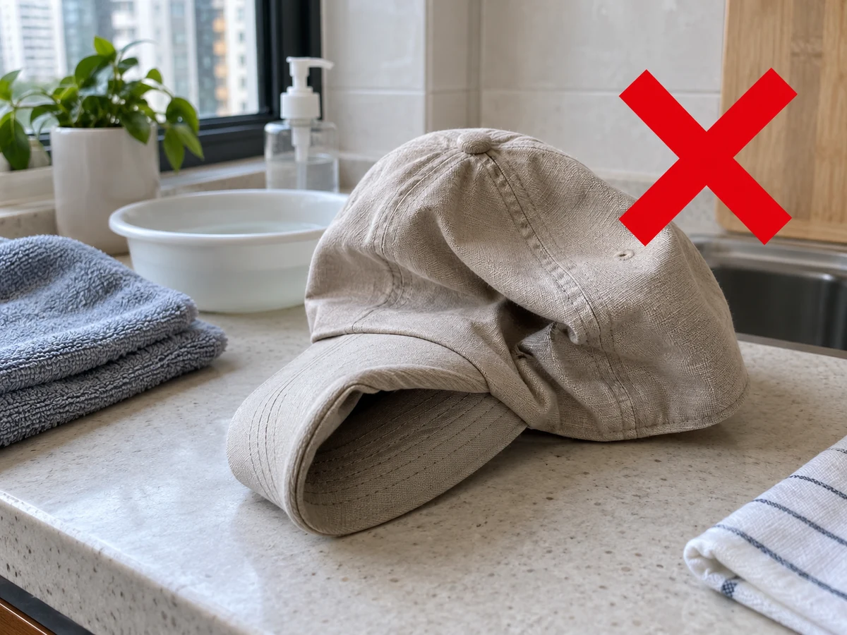 Twisting or folding the brim — Spot-clean or briefly hand-wash as directed, pressing stains gently without twisting the crown or folding the brim.