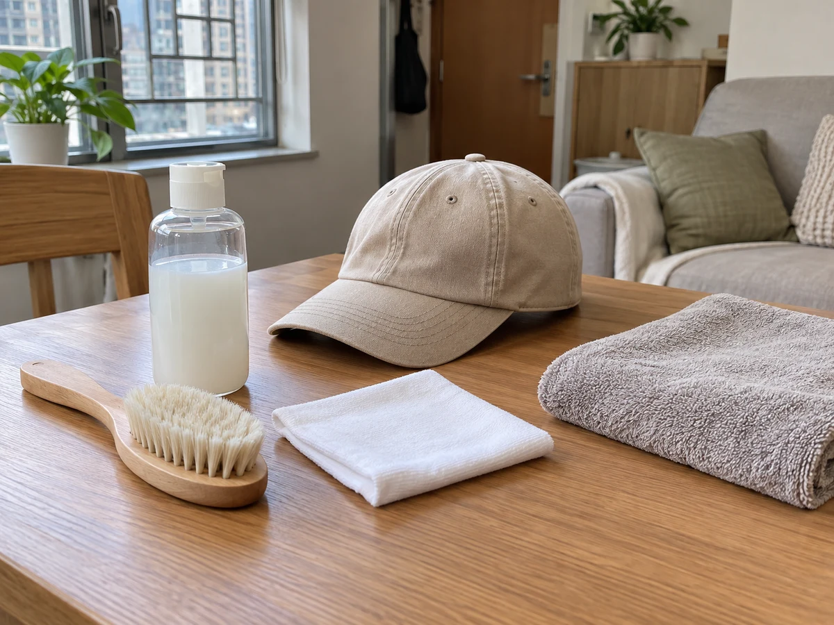How to Clean Caps without Losing Their Shape — Soft small brush, Compatible laundry detergent, White colour-test cloth, Dry towel